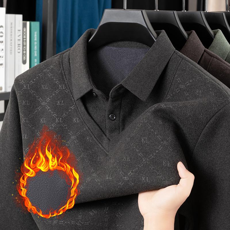 Fleece-Lined Two-Piece Lapel Polo Shirt: Men's Warm Autumn/Winter Casual Print Top
