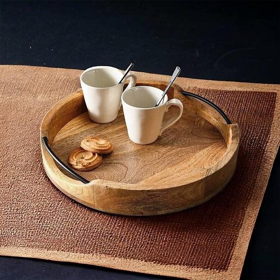 Medium Rustic Round Wooden Serving Tray  Handcrafted Mango Wood with Iron Handles Decorative Kitchen Dining Table Tray Brown