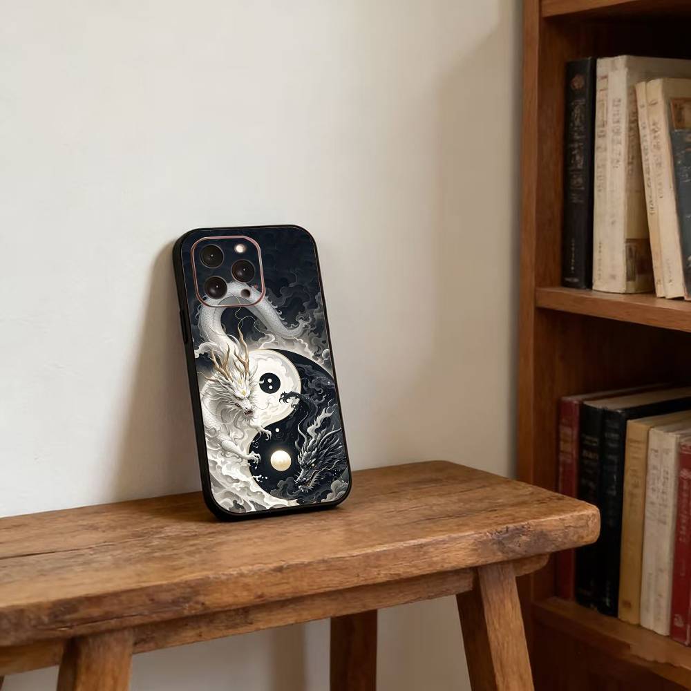 Japanese Art Dragon Yin Yang Phone Case For iPhone 17, 16,15,14,13,12,11 Plus,Pro Max, Others Soft Black Cover