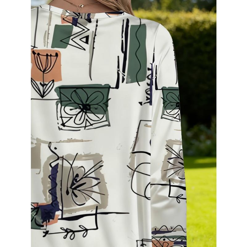 Women's plus size loose top with pocket design and artistic print