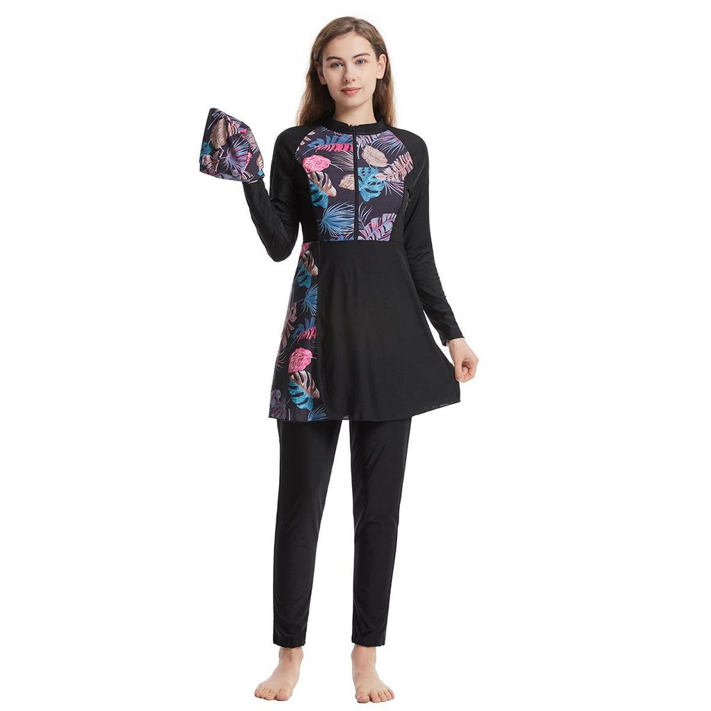 Women Printing Swimwear Muslim Bathing Suit with Cap Long Sleeve Swimsuit Full Coverage Swimming Suit 3 Pieces Sun Protection