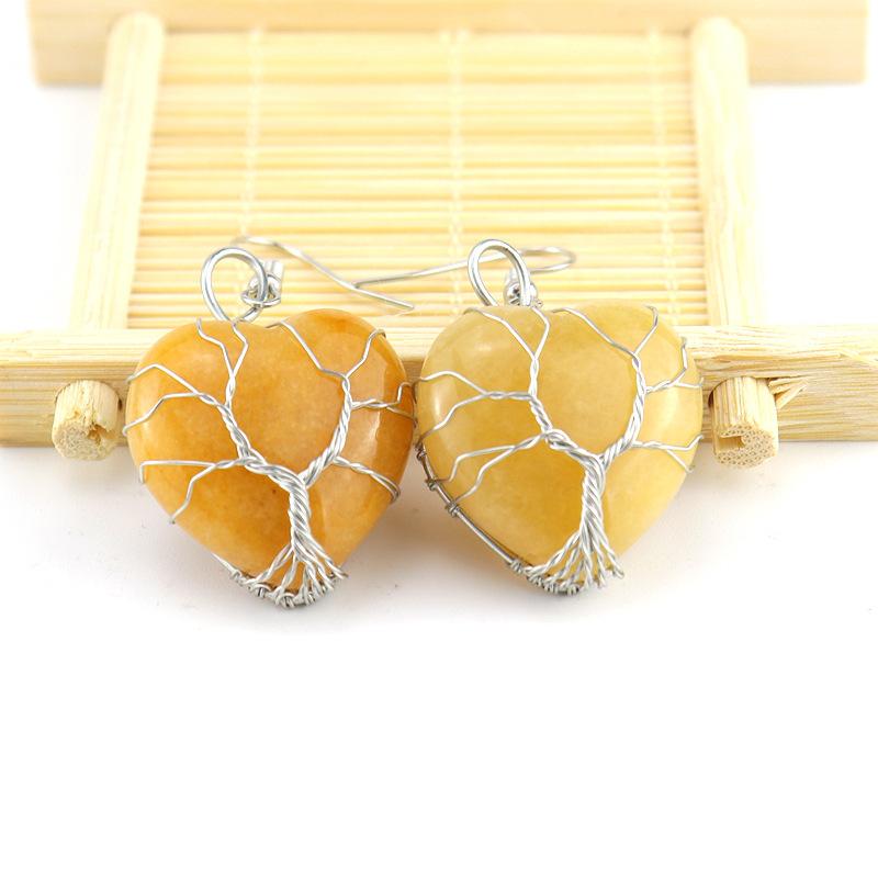Hand-Wound Tree Of Life Peach Heart Amethyst Earrings, Love Heart-Shaped Woven Earrings E34