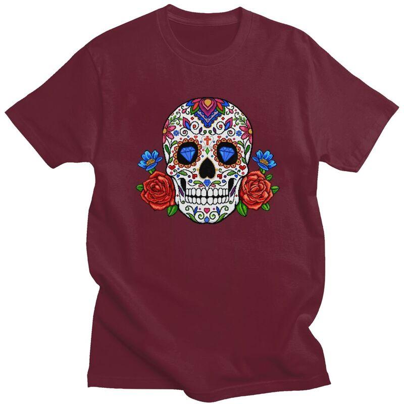Custom Mexican Flower Rose Skull T Shirt for Men Pure Cotton Tshirt Fashion Tees Tshirt Clothing