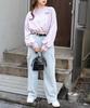 WEGO Side Drawstring Short Mini Length Compact Sweatshirt Top with Long Korean Light Purple Women's Sleeves, Style, Girly, Casual, Spring, Autumn,