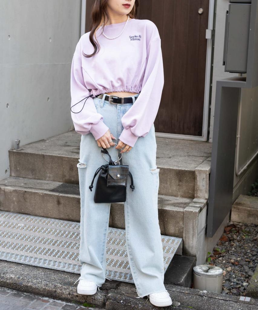 WEGO Side Drawstring Short Mini Length Compact Sweatshirt Top with Long Korean Light Purple Women's Sleeves, Style, Girly, Casual, Spring, Autumn,
