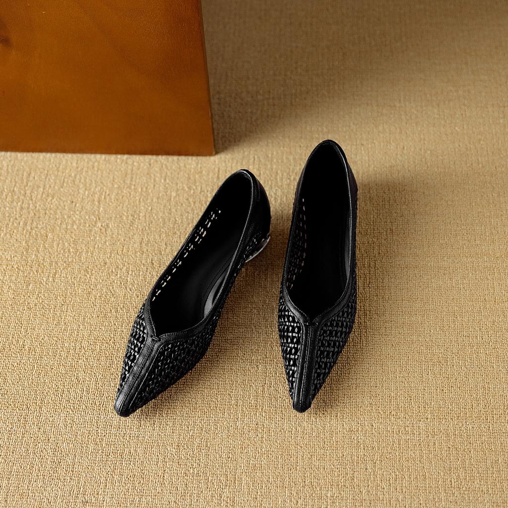 2025 New Leather French with Skirt Woven Mesh Pointed Middle Heel Hollow Breathable Single Shoes One Pedal Women's Shoes