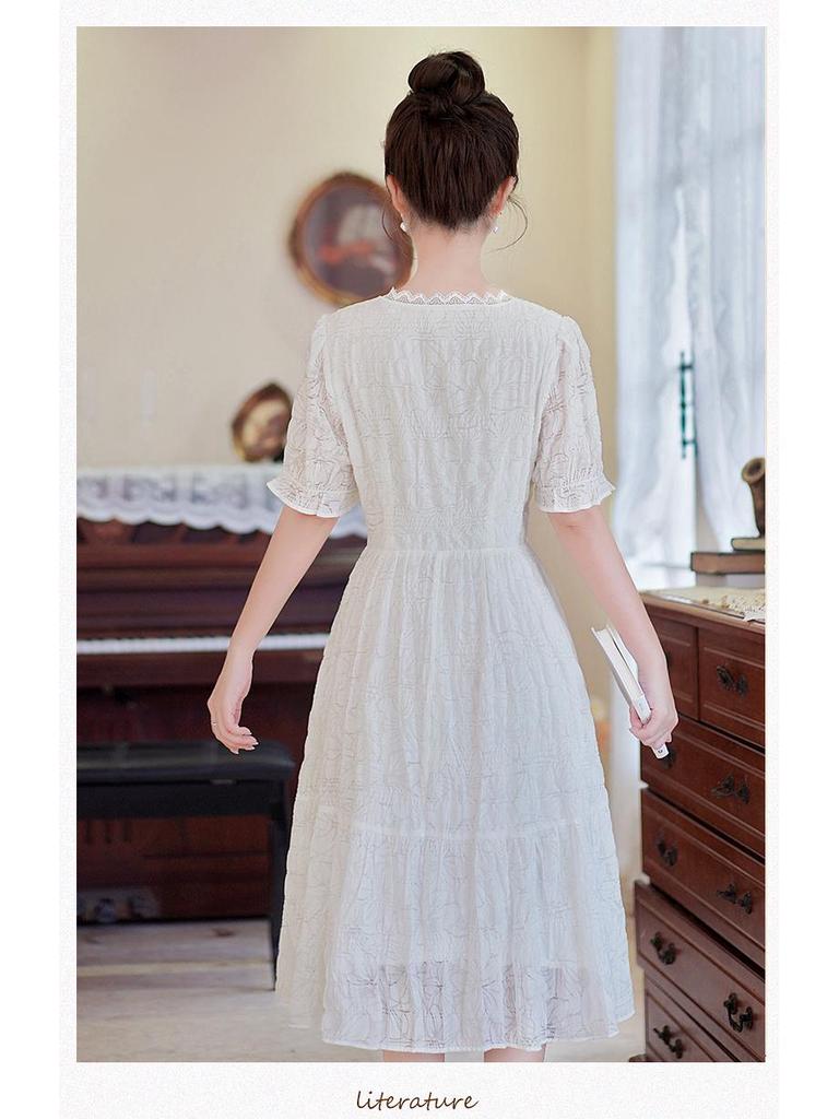 2024 Summer White Slim V-Neck Fairy Lace Dress – Mid-Length, Flattering Fit