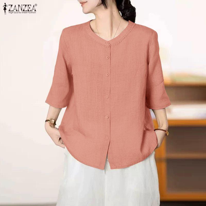 ZANZEA Women Casual Round Neck Solid Color Loose 3/4 Sleeve Blouse
