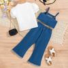 Girls' Fashionable Set Summer Children's Casual Puffed-sleeve Short-sleeved Vest and Denim Trousers Three-piece Set