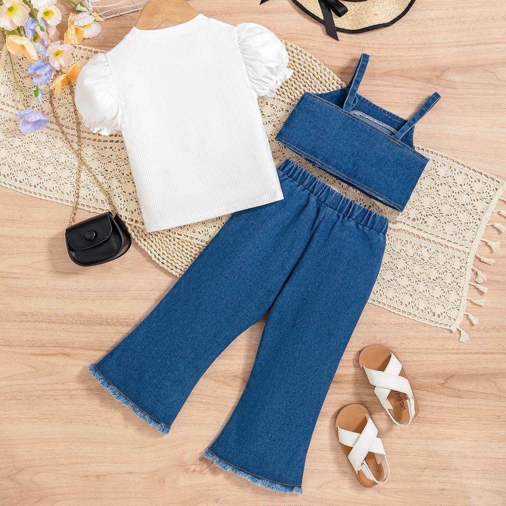 Girls' Fashionable Set Summer Children's Casual Puffed-sleeve Short-sleeved Vest and Denim Trousers Three-piece Set