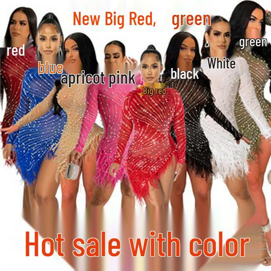 Damen Sexy Mesh Perlen Quasten Kurzes Kleid