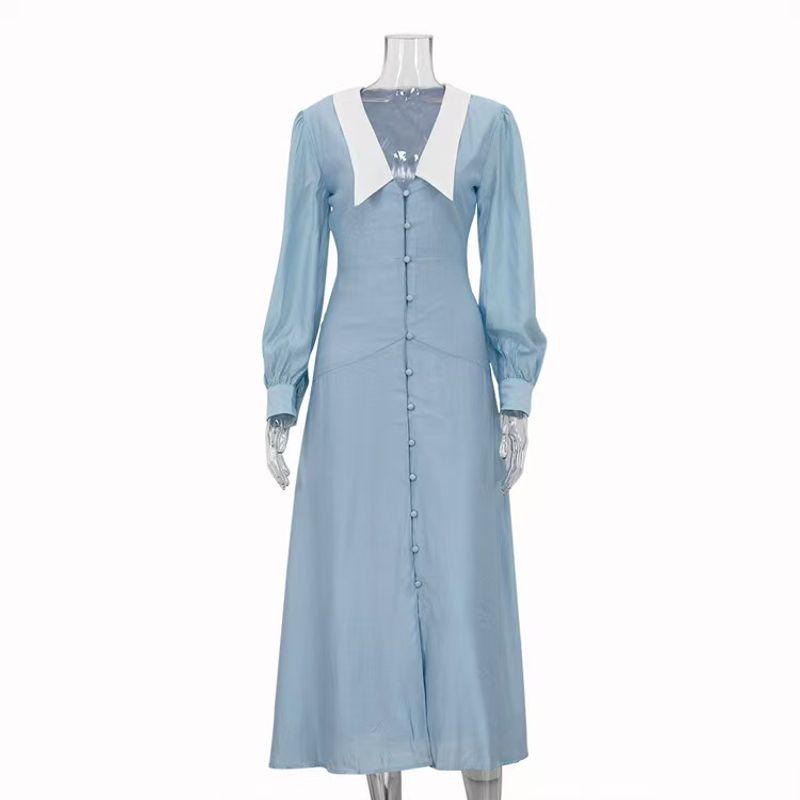 

Fashion Style New Arrival Fashion Temperament V-neck Long Sleeve Single Breasted Dress Sexy V-neck Long Dress Blue L
