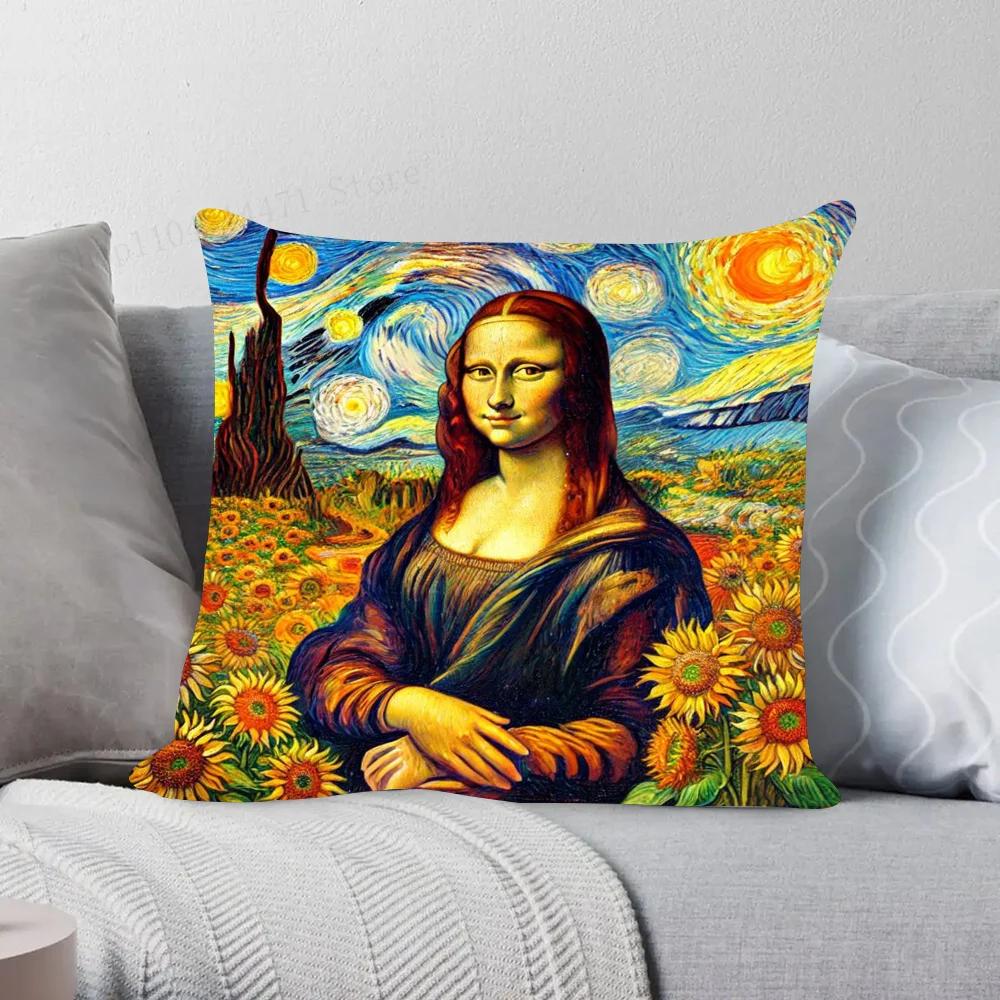 1pc Abstract Van Gogh And Friends Mona Lisa Pillow Case Square Bedroom Sofa Leisure Comfort Cushion Car Living Home Decoration