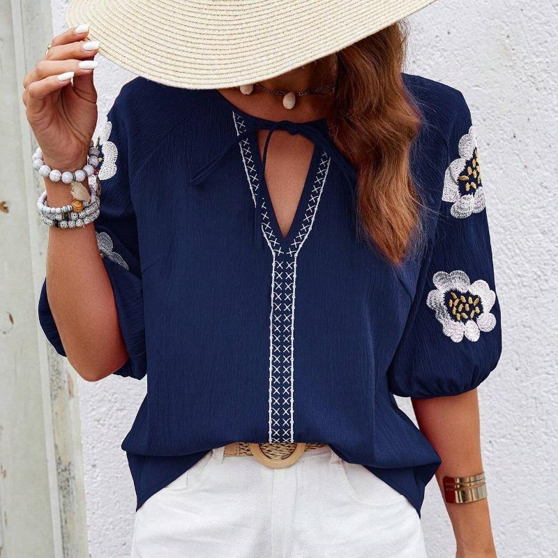 Summer New Vintage Loose Puff Sleeve Elegant Shirts for Women Fashion Embroidery V-neck Solid Casual Women's Blouses Slim Fit Lace-up Lady Tops 26650