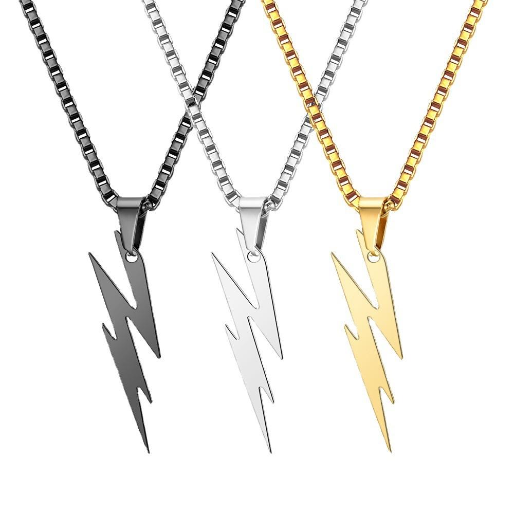Men's Titanium Steel Lightning Pendant Square Pearl Necklace Hip Hop Fashion Accessory