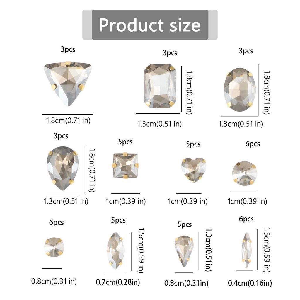 Sew On Rhinestones, Choupee 50PCS Sew On Glass Rhinestone Metal Back Prong Setting Sewing Claw Rhinestone Mixed Shapes