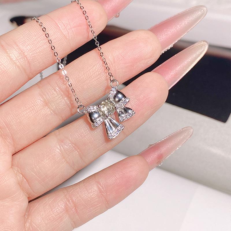 Clear Sky Pink Zircon Bow Necklace, S925 Sterling Silver, Micro-set Fine Chain, Everyday Wear.