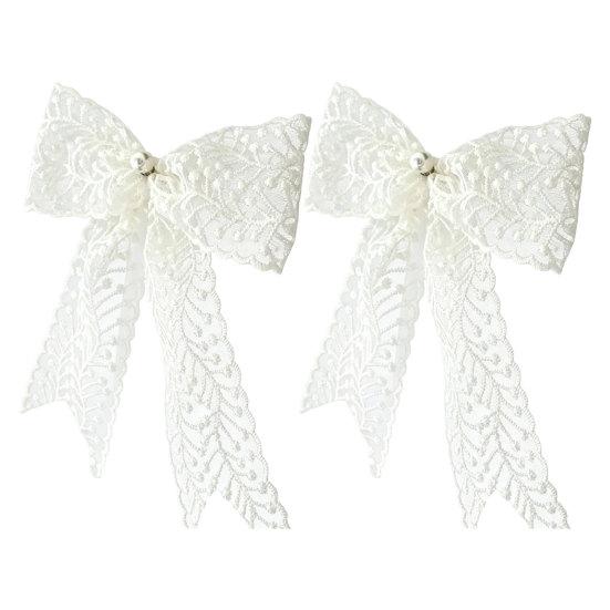2Pcs Lace Bowknot Curtain Tiebacks, Bow Curtain Holdbacks with Pearls, Decorative Curtain Ties for Home Office Living Room Bedroom Wedding Party Decor
