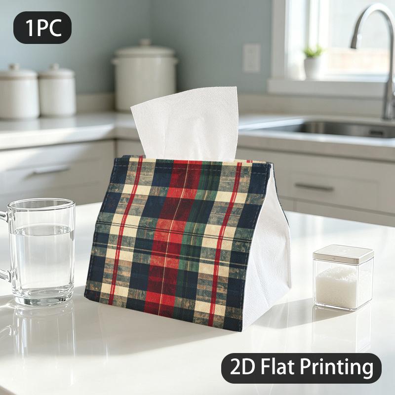 1pc Vintage Tartan Plaid Tissue Box Suitable for Around the Home, Machine Washable Polyester Fabric Tissue Holder with Tartan Pattern, Nostalgic Plaid