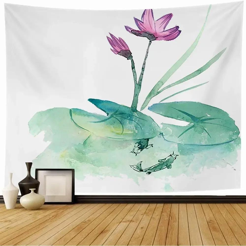 Watercolor Floral Lotus Tapestry Office Living Room Decoration Home Wall Tapestry