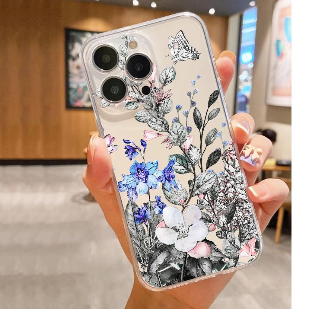 Drop-Proof Transparent Blue-Purple Flower Case for iPhone 14/15/16/17 Pro Max
