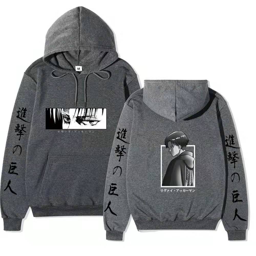 Attack On Titan Levi Ackerman Hoodie Unisex Fleece Sweatshirt Front Manga Eyes Print, Back Levi Portrait, Japanese Sleeve Text Autumn Winter Pullover