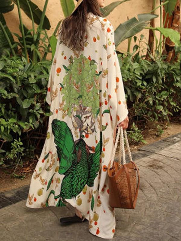 European & American Peacock Print Beach Cover-up: Stretch, Back Cutout, Sexy, Loose Cardigan