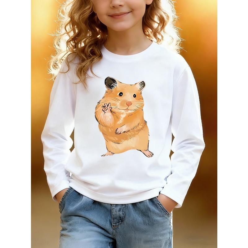 European sizes Kids Long Sleeve TShirt Cute Gesturing Hamster Print Spring Autumn Daily Casual Wear Playful Cute SkinFriendly Soft 110 белый