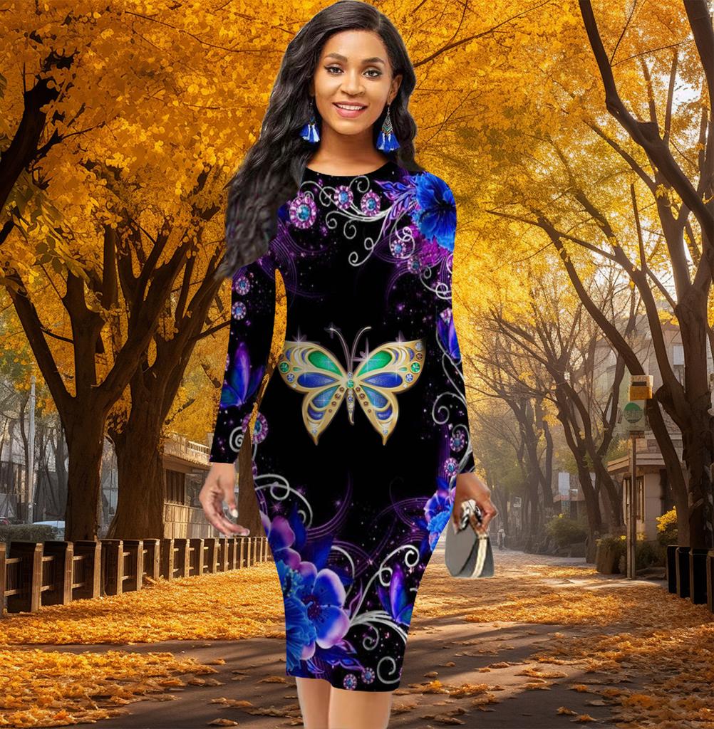 Elegante bodycon jurk met lange mouwen, taille-tight, kantoor slim fit, levendige vlinderprint