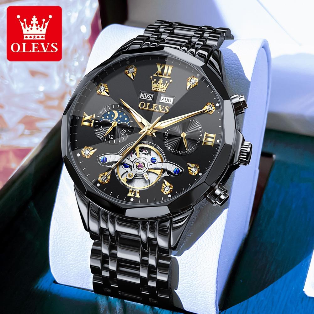 OLEVS 6621 Herrenuhr High-End Automatische Mechanische Uhren Schwungrad Hohlzifferblatt Kalender Mondphase Wasserdicht Herren Armbanduhr