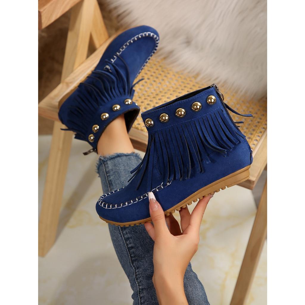 Women's Boots, Fringed Boots, Women's Shoes, Flat Shoes, Round Toe Shoes, Short Boots, Frosted, Suede, Boots