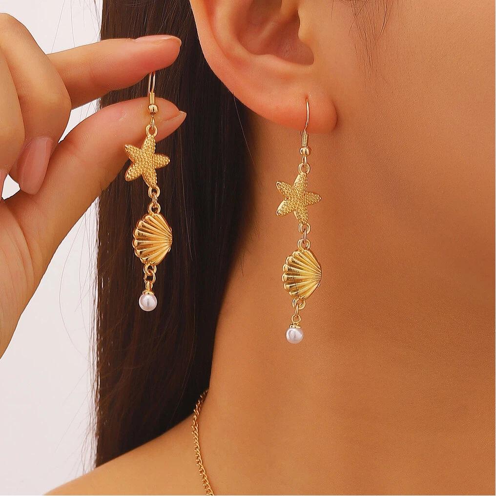 Gold Plated Starfish & Shell Jewelry Set, Ocean Themed Necklace, Earrings & Bracelet for Women