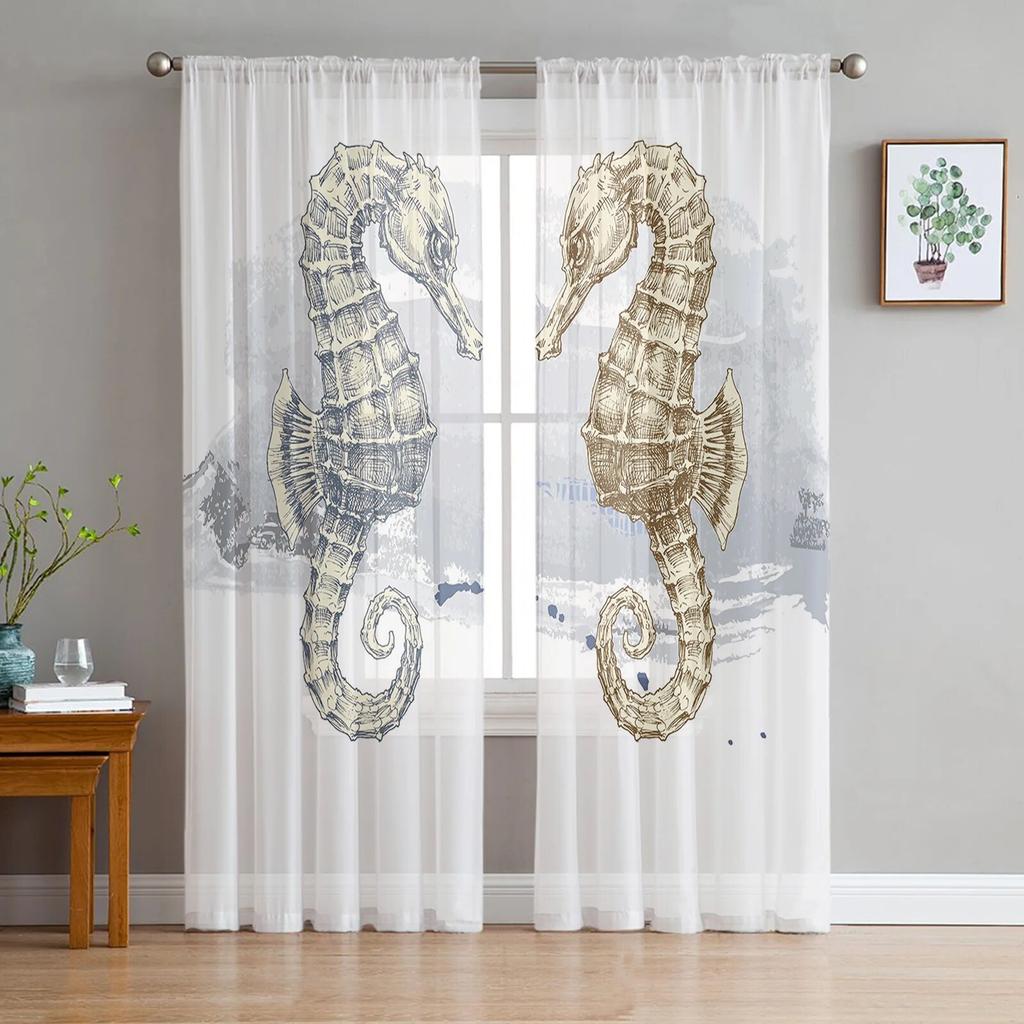 Marine Life Two Seahorses Sheer Curtains for Living Room Voile Curtain Bedroom Bathroom Tulle Curtains Window Drapes