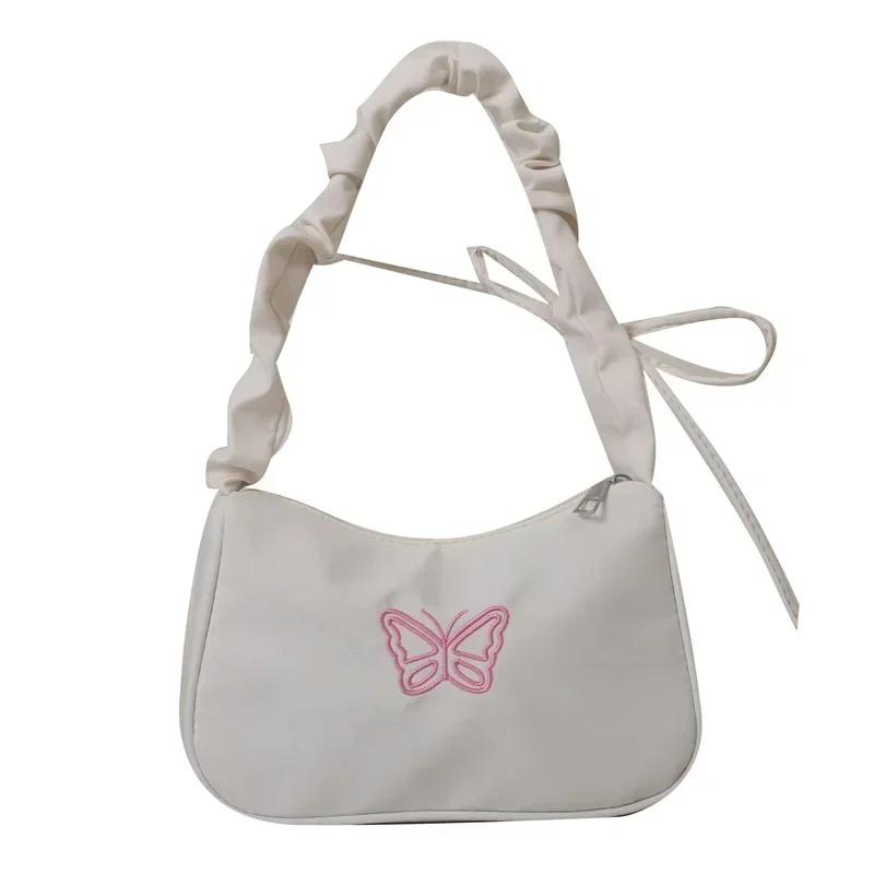 Embroidery Bowknot Butterfly Shoulder Bag Y2k-Style Ruffle Handle Nyl Bow Tote Bag Makeup Lipstick Bag Handbag New