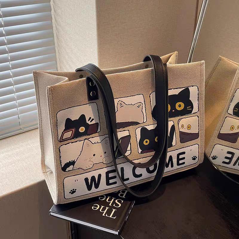 

Tote Bag Cartoon Large Capacity Canvas Bag Portable Shoulder Leisure Class Commuter Bag Luggage чорний