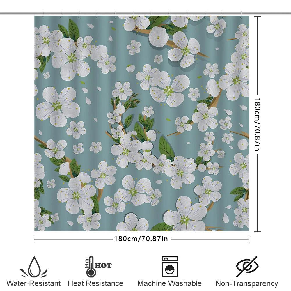Cherry Blossom Shower Curtain Waterproof Bathroom Decorative Printed Fabric Shower Closures For Bathtubs Light Blue Color Patter
