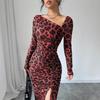 European & American Leopard Print Round Neck Long Sleeve High Waist Dress