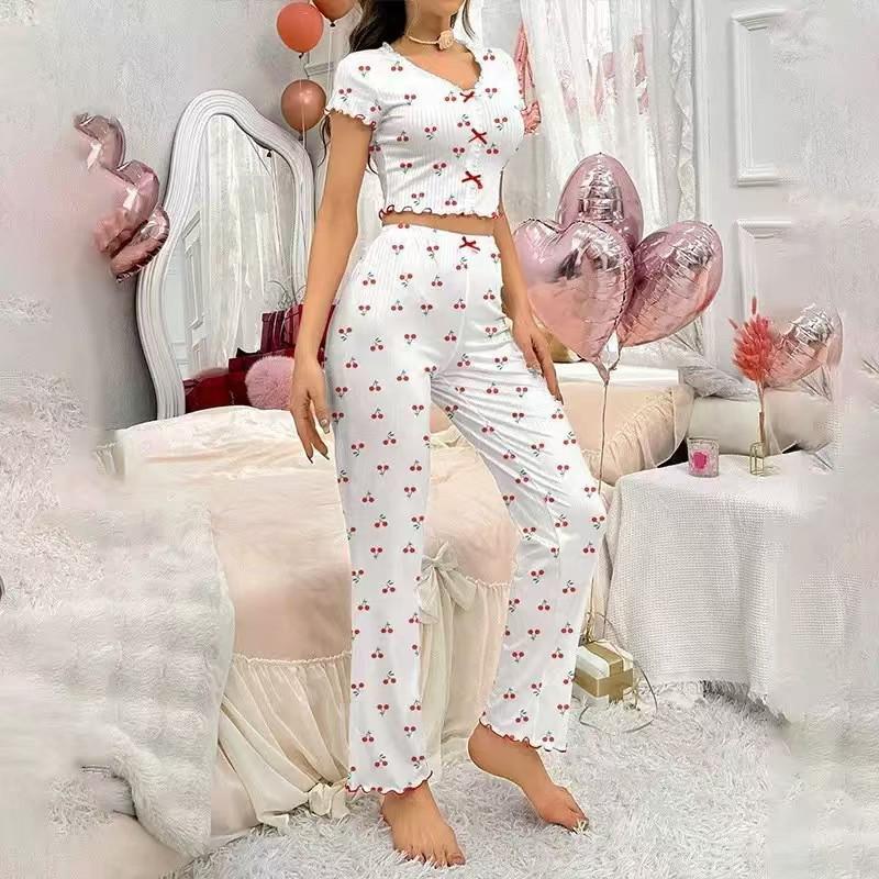 Women's Printed Heart V-Neck Pajama Set - Short-Sleeve Top & Long Pants, Double Layer Gauze, Suitable for Outdoor Wear