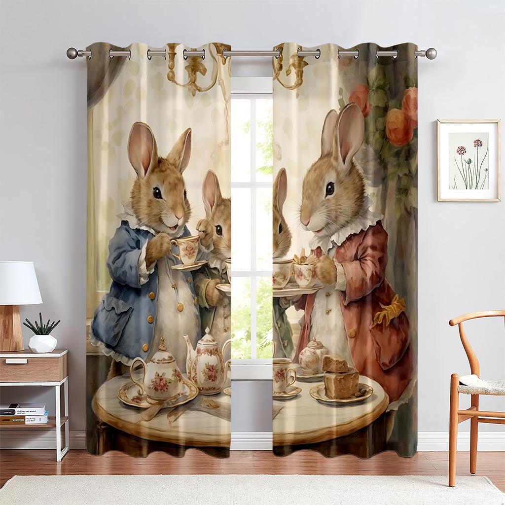 2PCS Cute Bunny Pattern Printed Curtains, Animated Cartoon Easter, Kids Room Rod Pocket Decoration Curtains, Holiday Gifts
