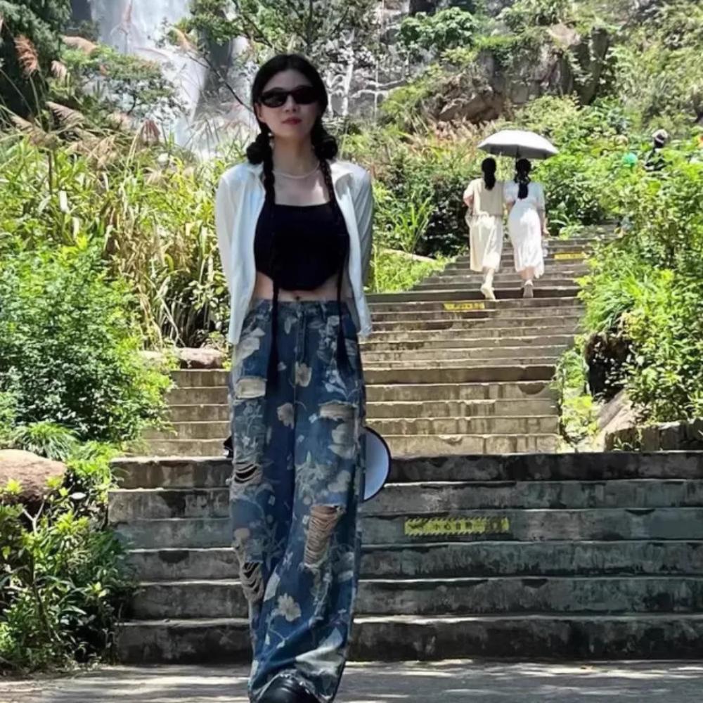 Ins Straight Denim Trousers Floral Broken Hollow Pants Retro Flower Cowboy Pants  Unisex