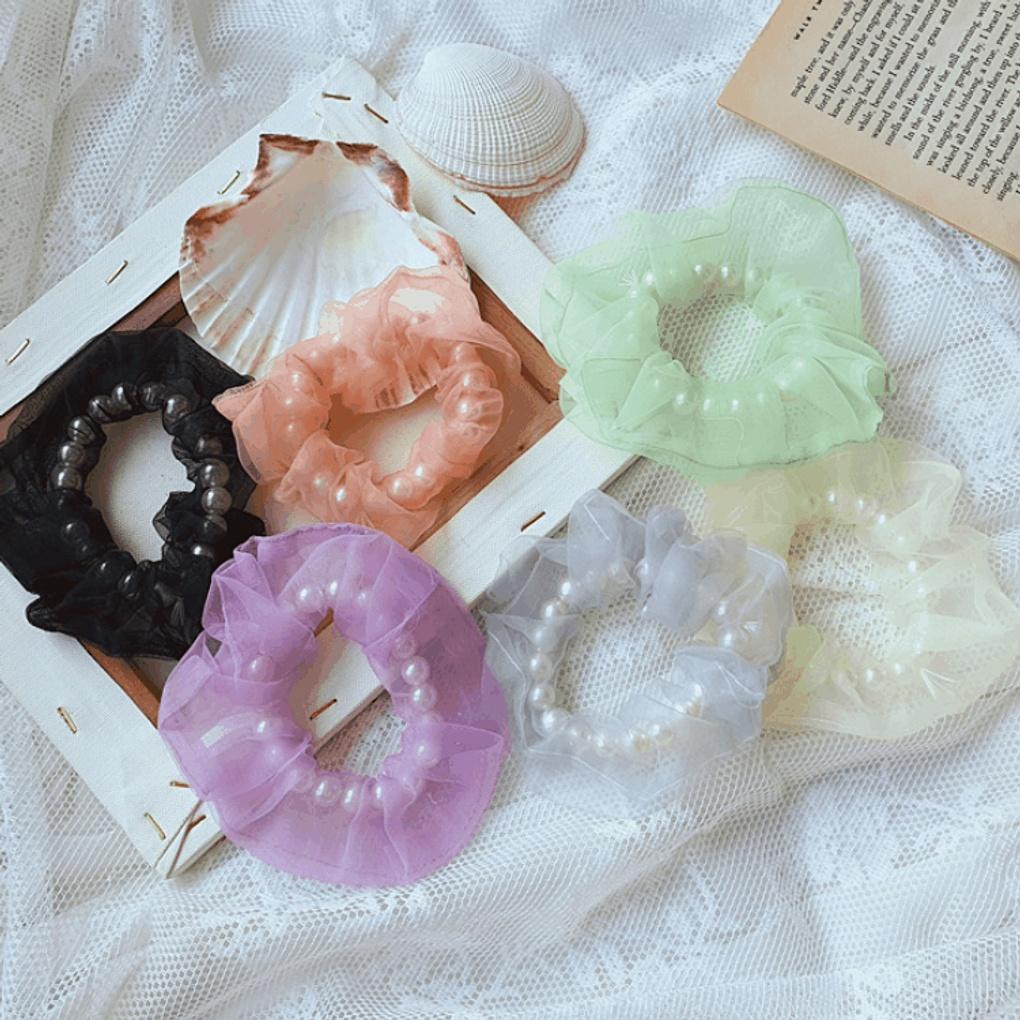 Scrunchie, Gopchang, Hair Tie, Hair Band, Pearl and Chiffon