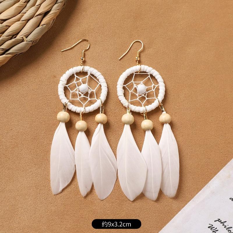 Bohemian Feather Earrings White Long Vintage Personality Tassel Women's Holiday Earrings