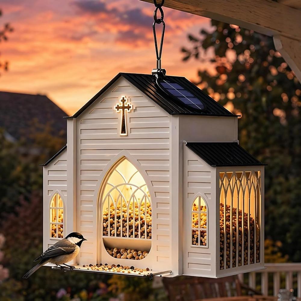 Solar Birds Feeder for Outside,Chapel Style Wild Birds Feeder with Suet Holder,Metal Outdoors Birds Feeders Hanging Birds House