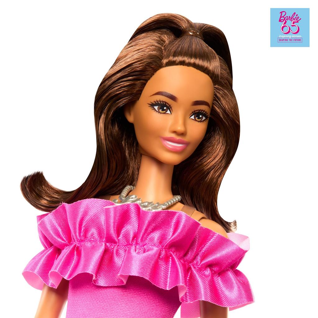 Barbie 65 Fashionista Pink Ruffle Dress Dress-Up Doll and House for Ages 3 and Up, Pink, HRH15