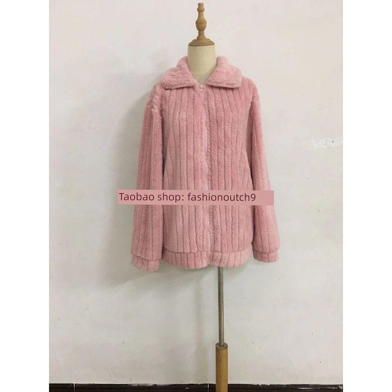 

2025 Новый Пит Полосатый Плюшевый Кардиган Короткая Куртка Pink S