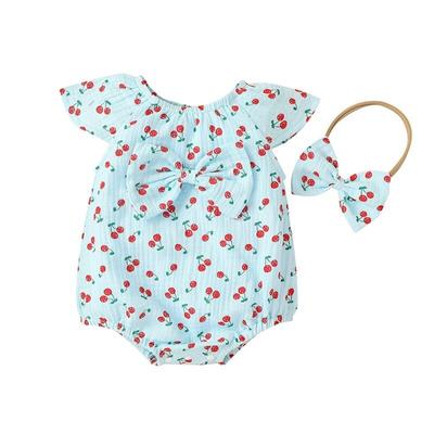 Summer Baby Girl Cute Bodysuits Cotton Flare Sleeve Cherry Print Bow Bodysuit+Headband Casual Jumpsuit Set