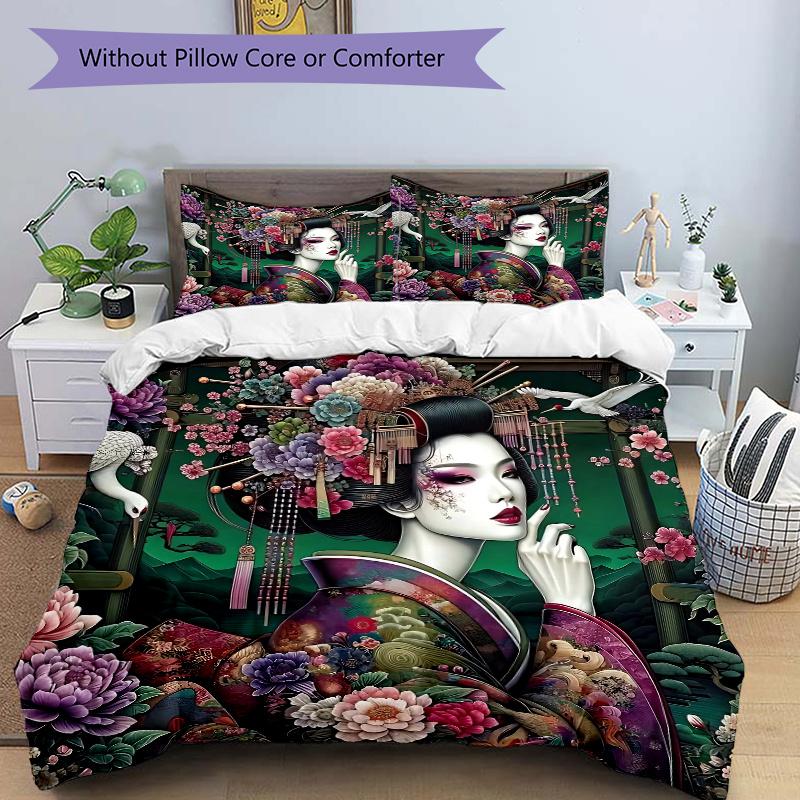 3pcs Anime Geisha Comforter Set with One Quilt Cover and Two Pillowcases (No Core) - Home Decor, Festival Gift, Polyester Fabric, Anime Cartoon Design 135x200cm