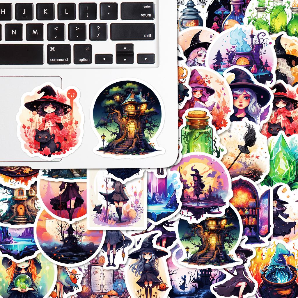 50pc/pack  Halloween Gothic Aesthetic Stickers, Waterproof Retro Witch Stickers DIY Decorative Stickers for Phone Bag Kettle Kid