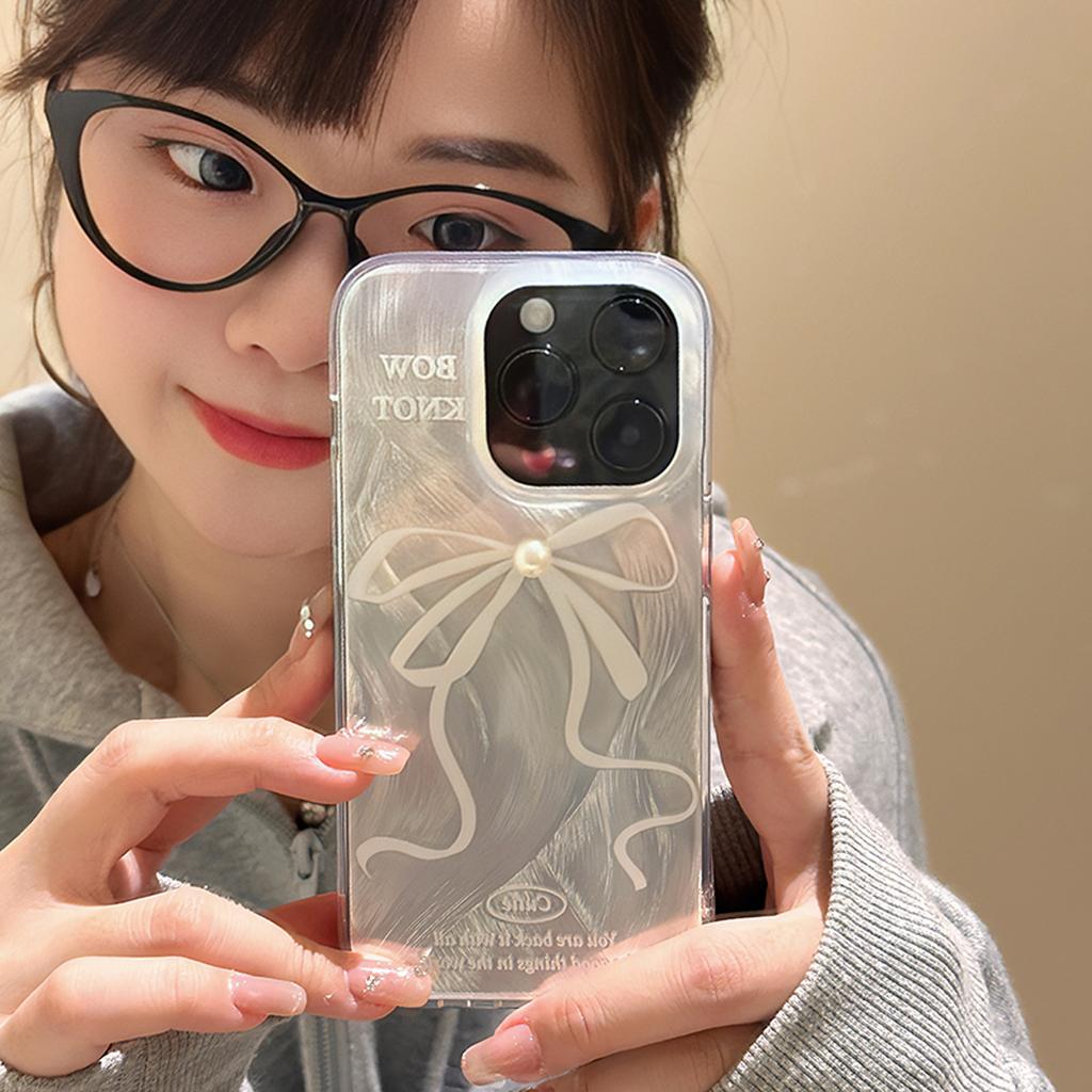 Stylish Laser White Pearl Bow Case for iPhone 15 Pro Max 14 13 12 11 All-inclusive Shock-proof Girl Case