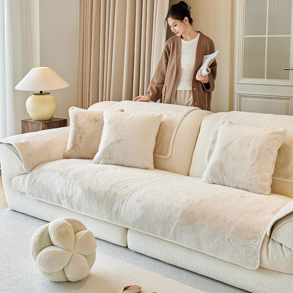 Nova capa de sofá outono e inverno pelúcia almofada de sofá espessada combinação antiderrapante capa de sofá cor sólida minimalista
